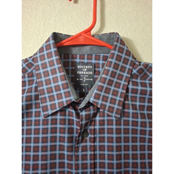 Society of Threads Dress Shirt Mens Large Blue Check No Iron 4 Way Stretch Slim - Picture 3 of 8